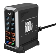 HHW 660W GaN 10-portowa stacja ładująca USB-C z wyświetlaczem - 6xUSB-C, 4xUSB-A - Czarny