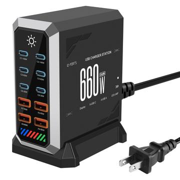HHW 660W GaN 10-portowa stacja ładująca USB-C z wyświetlaczem - 6xUSB-C, 4xUSB-A - Czarny