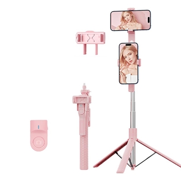 K50 podwójny uchwyt na telefon, selfie stick Bluetooth, statyw z pilotem - różowy
