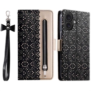 iPhone 16 Plus Etui z portfelem Lace Pattern - Czarne