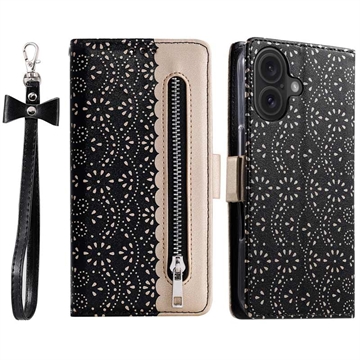 iPhone 16 Plus Etui z portfelem Lace Pattern - Czarne