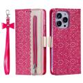 Etui z Portfelem Lace Pattern do iPhone 14 Pro Max - Gorący Róż