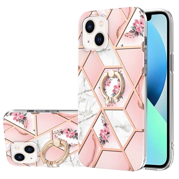 Etui TPU Marble Pattern IMD do iPhone\'a 15 z Uchwytem na Pierścionek - Różowy / Biały