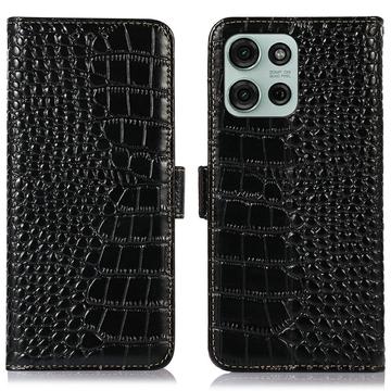 Motorola Moto G75 Skórzane Etui z Portfelem Crocodile z RFID - Czarne
