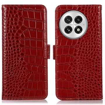 OnePlus 13 Skórzane Etui z Portfelem Crocodile z RFID - Czerwień