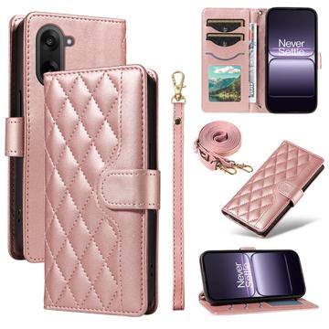 Luksusowe pikowane etui-portfel OnePlus Ace 5 Racing/Nord CE5 - różowe złoto