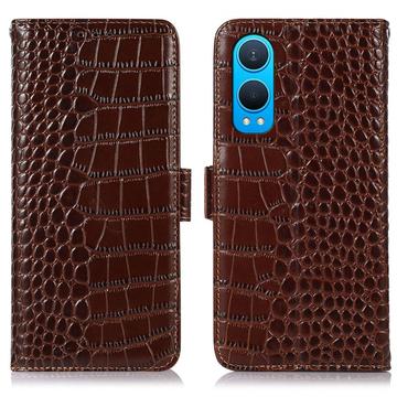 OnePlus Nord CE4 Lite/Oppo K12x Skórzane Etui z Portfelem Crocodile z RFID - Brąz