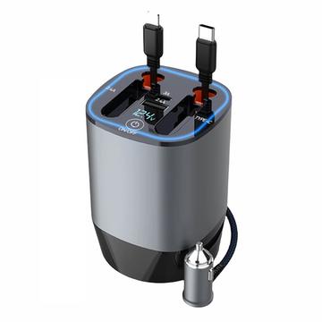 Ładowarka samochodowa PT-17 PD 100W z wysuwanymi kablami Lightning/USB-C, wskaźnikiem napięcia i odświeżaczem powietrza - szara