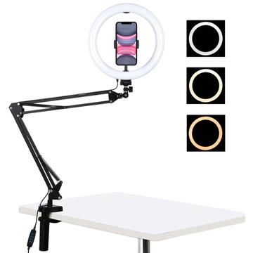 PULUZ 10.2" 26-centymetrowe zakrzywione światło pierścieniowe + stojak na ramię USB 3 tryby ściemniania z podwójną temperaturą barwową LED Vlogging Selfie Photography Video Lights z zaciskiem na telefon