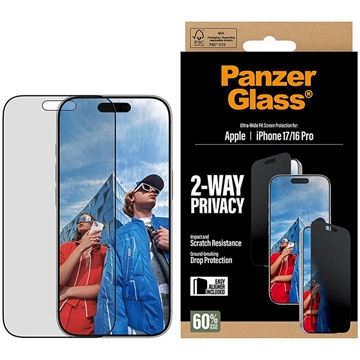 Ochraniacz ekranu ze szkła hartowanego Privacy iPhone 17/16 Pro PanzerGlass Ultra-Wide Fit EasyAligner 2-Way - 9H - Czarna krawędź