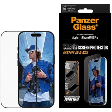 Szkło hartowane chroniące ekran iPhone 17/16 Pro PanzerGlass Ultra-Wide Fit z FastFit In-A-Box - 9H - Czarna krawędź