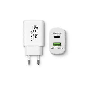 Szybka ładowarka ścienna Prio PWC-1204 - 25 W PD USB-C, 18 W QC3.0 USB-A - biała