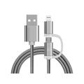 Kabel w oplocie Reekin 2-w-1 - MicroUSB i Lightning - 1m - srebrny