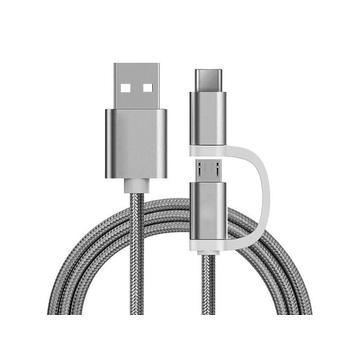 Kabel w oplocie Reekin 2-w-1 - MicroUSB i USB-C - 1m - srebrny