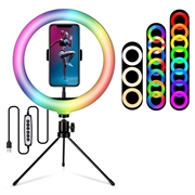 S26-RGB 10" lampa pierścieniowa LED RGB do selfie z uchwytem na telefon i statywem