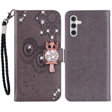 Samsung Galaxy A55 Owl Rhinestone Wallet Case - szary