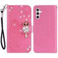 Samsung Galaxy A55 Owl Rhinestone Wallet Case - Ciemny Róż