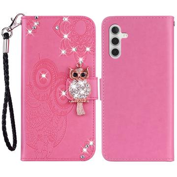 Samsung Galaxy A55 Owl Rhinestone Wallet Case - Ciemny Róż