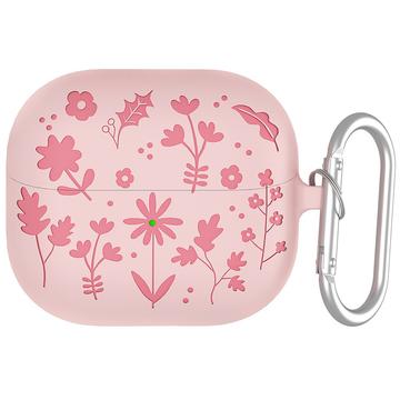 Samsung Galaxy Buds3/Buds3 Pro Flower Pattern Etui silikonowe z karabińczykiem - jasnoróżowy