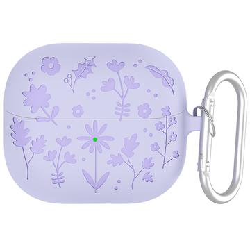 Samsung Galaxy Buds3/Buds3 Pro Flower Pattern Etui silikonowe z karabińczykiem - jasnofioletowy
