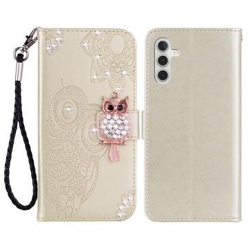 Samsung Galaxy S24 FE Etui na portfel z motywem sowy i kryształkami - Złoto