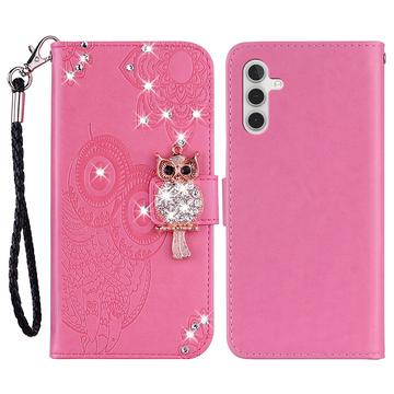 Samsung Galaxy S24 FE Etui na portfel z motywem sowy i kryształkami - Ciemny Róż