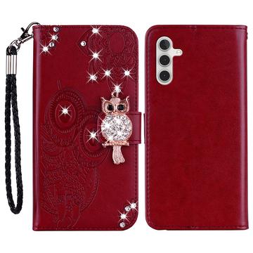 Samsung Galaxy S24 FE Etui na portfel z motywem sowy i kryształkami - czerwony