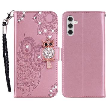 Samsung Galaxy S24 FE Etui na portfel z motywem sowy i kryształkami - Różowe Złoto