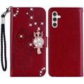 Samsung Galaxy S24 Owl Rhinestone Wallet Case - czerwony