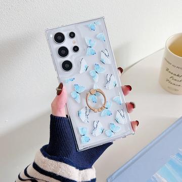 Samsung Galaxy S24 Ultra Etui motylkowe z TPU z uchwytem na pierścionek - jasnoniebieskie