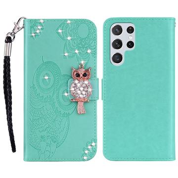 Samsung Galaxy S24 Ultra Etui na portfel z motywem sowy i kryształkami - Niebieskozielony