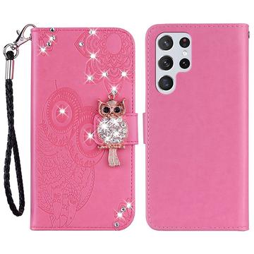 Samsung Galaxy S24 Ultra Etui na portfel z motywem sowy i kryształkami