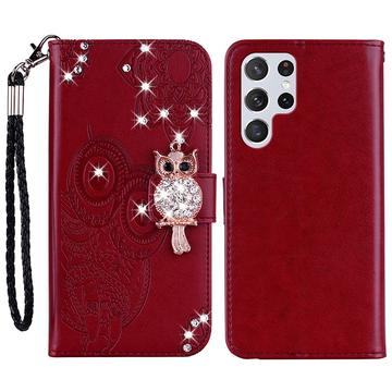 Samsung Galaxy S24 Ultra Etui na portfel z motywem sowy i kryształkami - czerwony