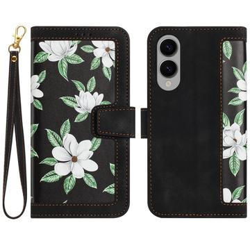 Samsung Galaxy S25 Edge Etui portfelowe z motywem kwiatowym z kieszeniami na karty - czarny