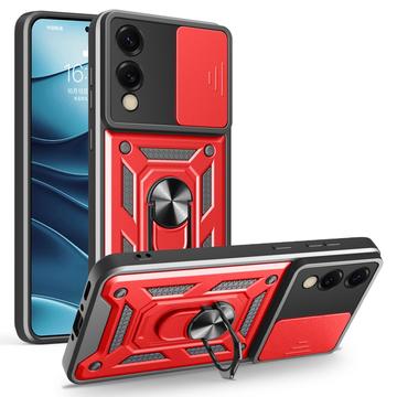 Samsung Galaxy S25 Edge Hybrydowe Etui z Pierścieniem Obrotowym z Osłoną Aparatu - Czerwień