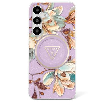 Samsung Galaxy S25 Guess Glitter Flowers Triangle Buttons MagSafe Etui - fioletowy