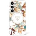 Samsung Galaxy S25 Guess Glitter Flowers Triangle Buttons MagSafe Etui - biały
