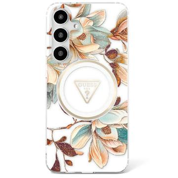 Samsung Galaxy S25 Guess Glitter Flowers Triangle Buttons MagSafe Etui - biały