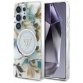 Samsung Galaxy S25 Ultra Guess Glitter Flowers Triangle Buttons MagSafe Etui - biały