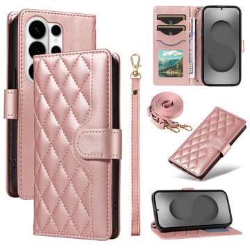 Luksusowe pikowane etui-portfel do Samsung Galaxy S26 Ultra - różowe złoto