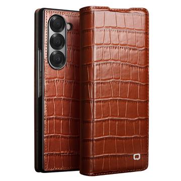 Etui skórzane z klapką Samsung Galaxy Z Fold6 Qialino Classic - Krokodyl - Ciemnobrązowy