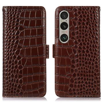 Sony Xperia 1 VI Skórzane Etui z Portfelem Crocodile z RFID - Brąz