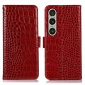 Sony Xperia 1 VI Skórzane Etui z Portfelem Crocodile z RFID - Czerwień