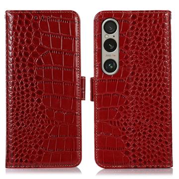 Sony Xperia 1 VI Skórzane Etui z Portfelem Crocodile z RFID - Czerwień