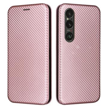 Sony Xperia 1 VI Etui z Klapką - Włókno Węglowe - Różowe Złoto