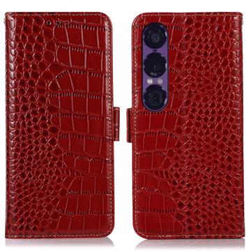 Sony Xperia 1 VII Skórzane Etui z Portfelem Crocodile z RFID - Czerwień