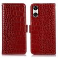 Sony Xperia 10 VI Skórzane Etui z Portfelem Crocodile z RFID - Czerwień