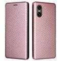 Sony Xperia 10 VI Etui z Klapką - Włókno Węglowe - Różowe Złoto