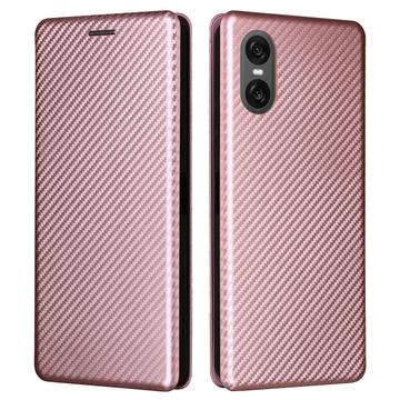 Sony Xperia 10 VI Etui z Klapką - Włókno Węglowe - Różowe Złoto
