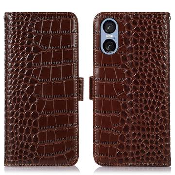 Sony Xperia 5 VI Skórzane Etui z Portfelem Crocodile z RFID - Brąz